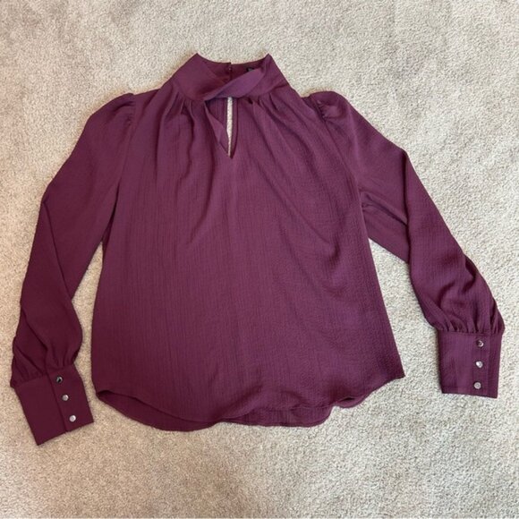 RW&CO Maroon Burgundy pleated Twisted-Mockneck peephole Blouse long sleeve Sz M - Picture 4 of 11